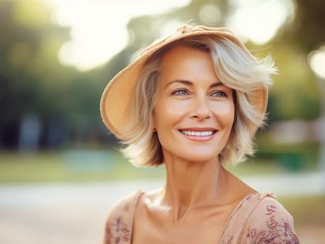 a woman smiling beautifully with new dentures 