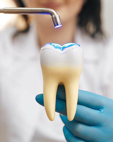 Closeup of dentist demonstrating tooth-colored filling curing light on large model tooth