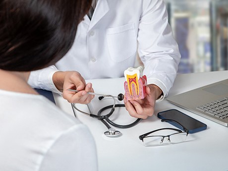 Dentist discussing model tooth with patient