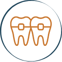 Two animated teeth with bracket and wire braces
